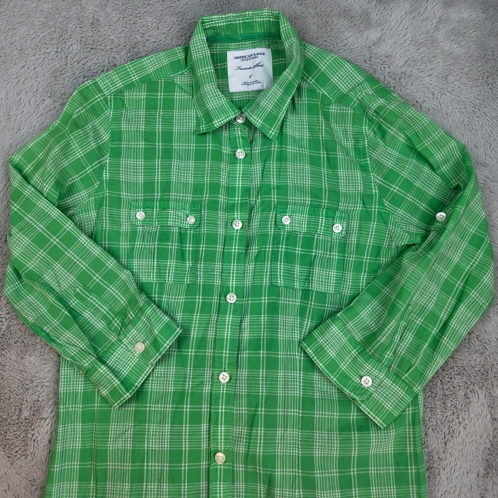 American Eagle Button Down Womens Sz 6 Favorite Shirt Roll Tab Plaid Green White
